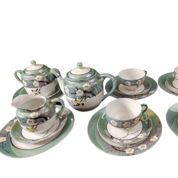 19 Vintage Japanese Cherry Blossom Tea Set Hand-Painted Porcelain Birds, Trees - Picture 1 of 11